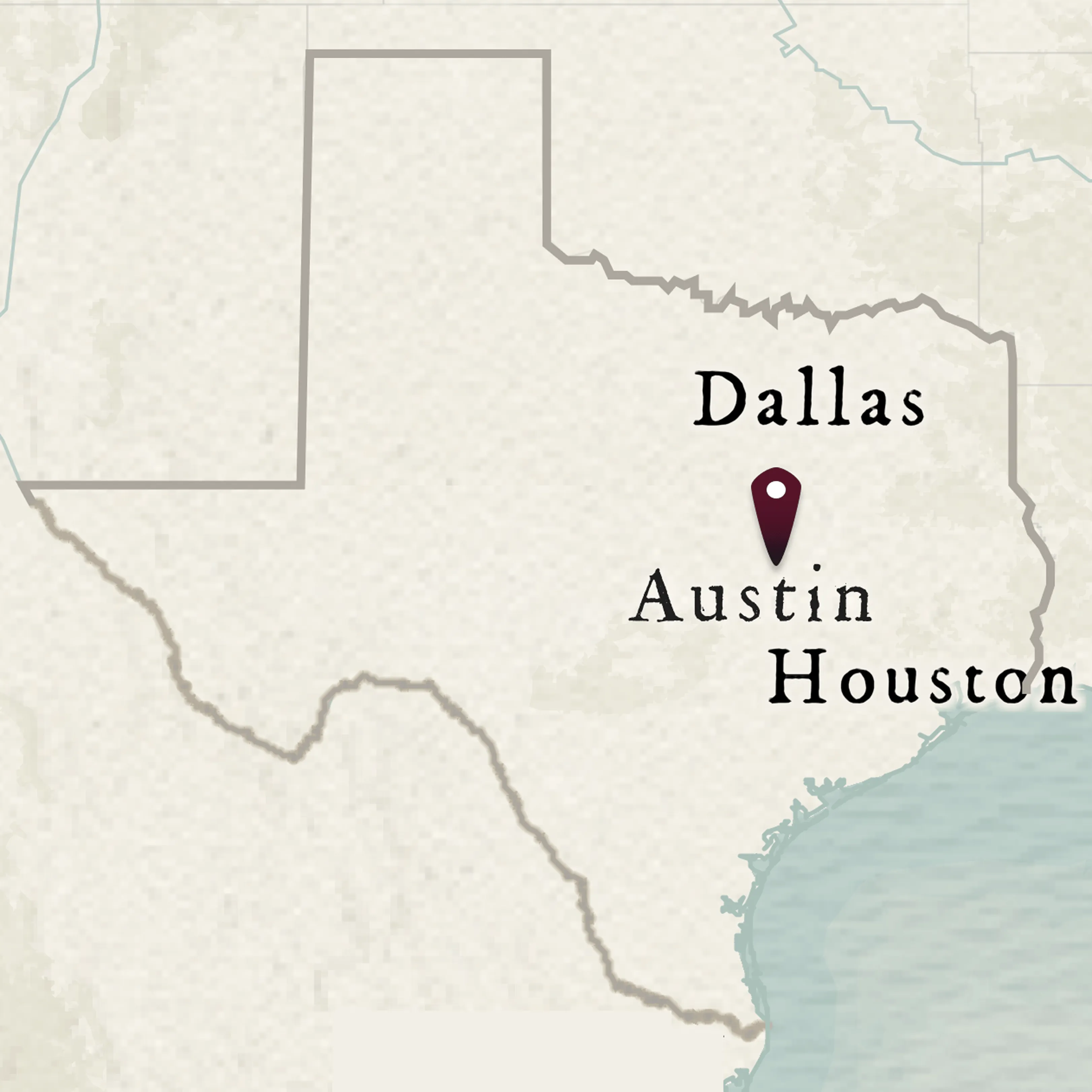 Map of Texas with Austin, Houston, and Dallas highlighted